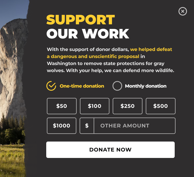 A screenshot of a donation form built for defenders.org. The form is titled "Support Our Work" and has options for a one-time or recurring donation above suggested donation amounts.