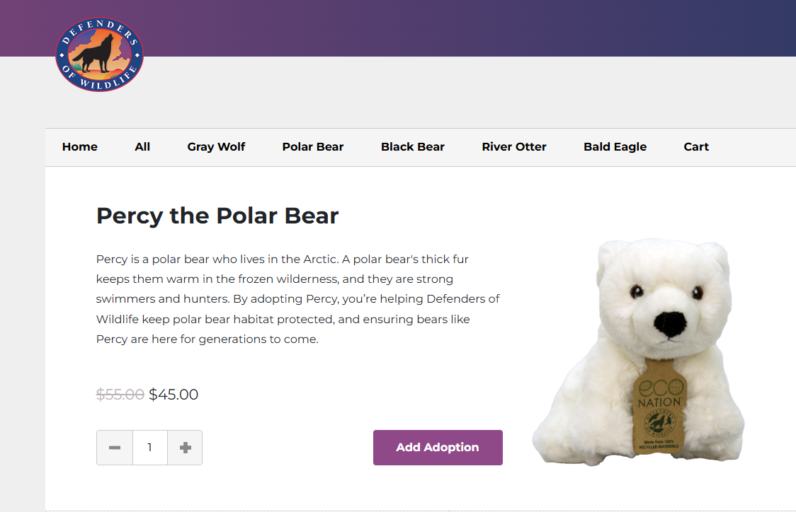A screenshot of a webpage to "Adopt" Percy the Polar Bear by buying a polar bear plush with proceeds going to Defenders of Wildlife conservation efforts.