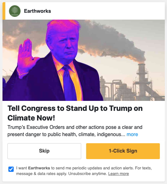 A petition call to action reading "Tell Congress to Stand Up to Trump on Climate Now!"