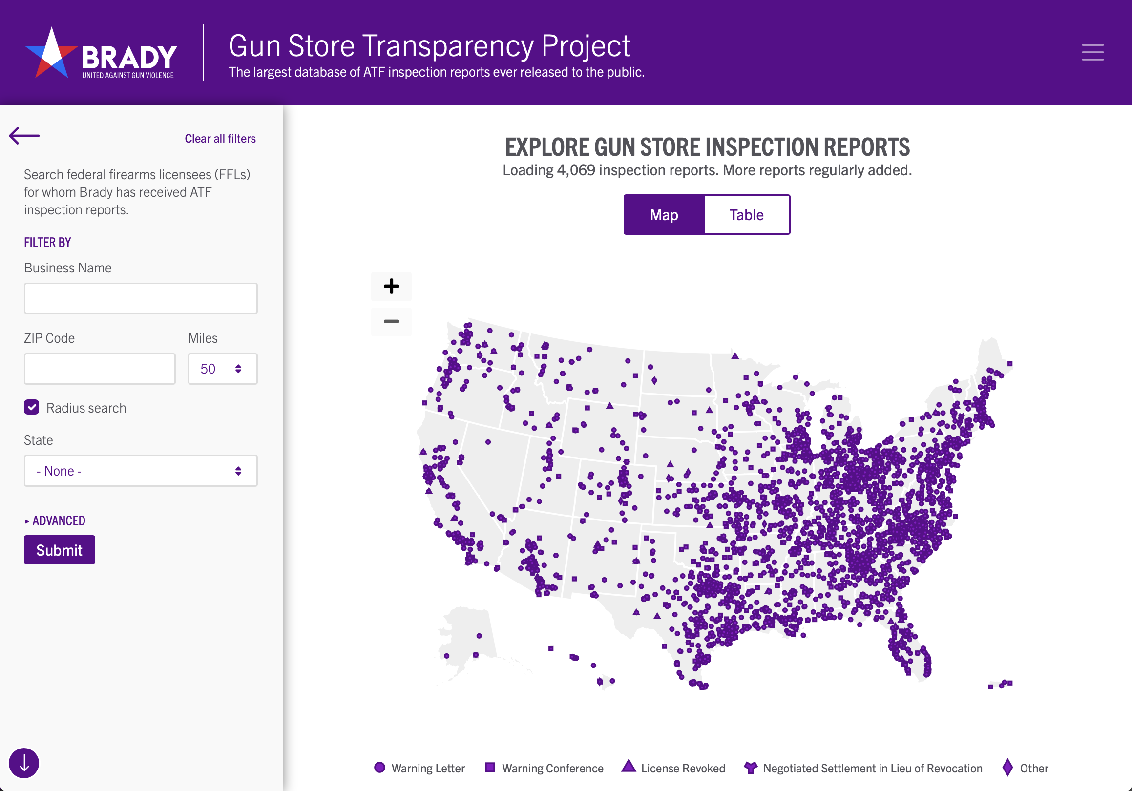 A screenshot of Brady's Gun Store Transparency Project map displaying gun stores across the United States with inspection problems.
