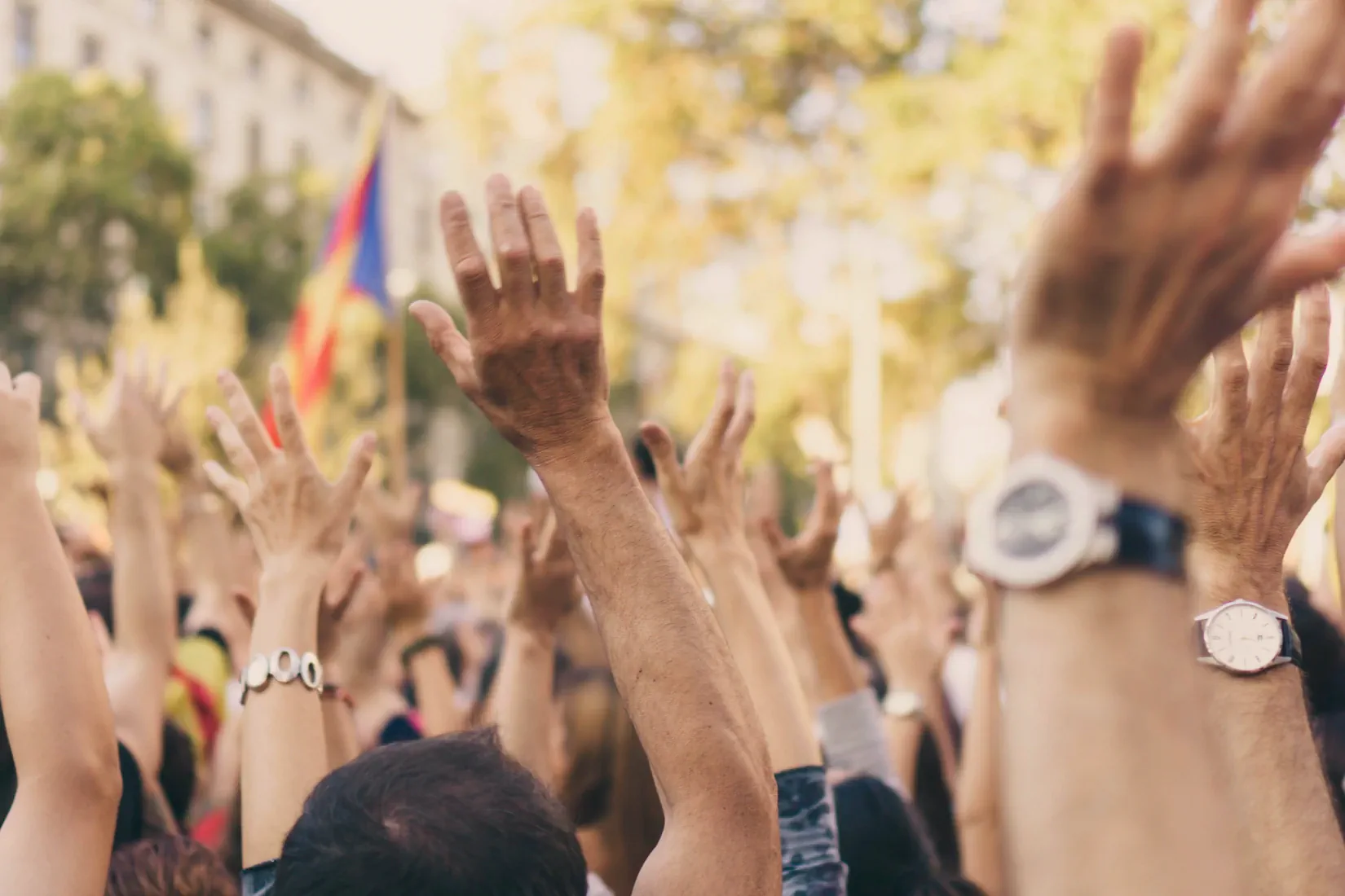 A photo of a crowd of people's raised hands