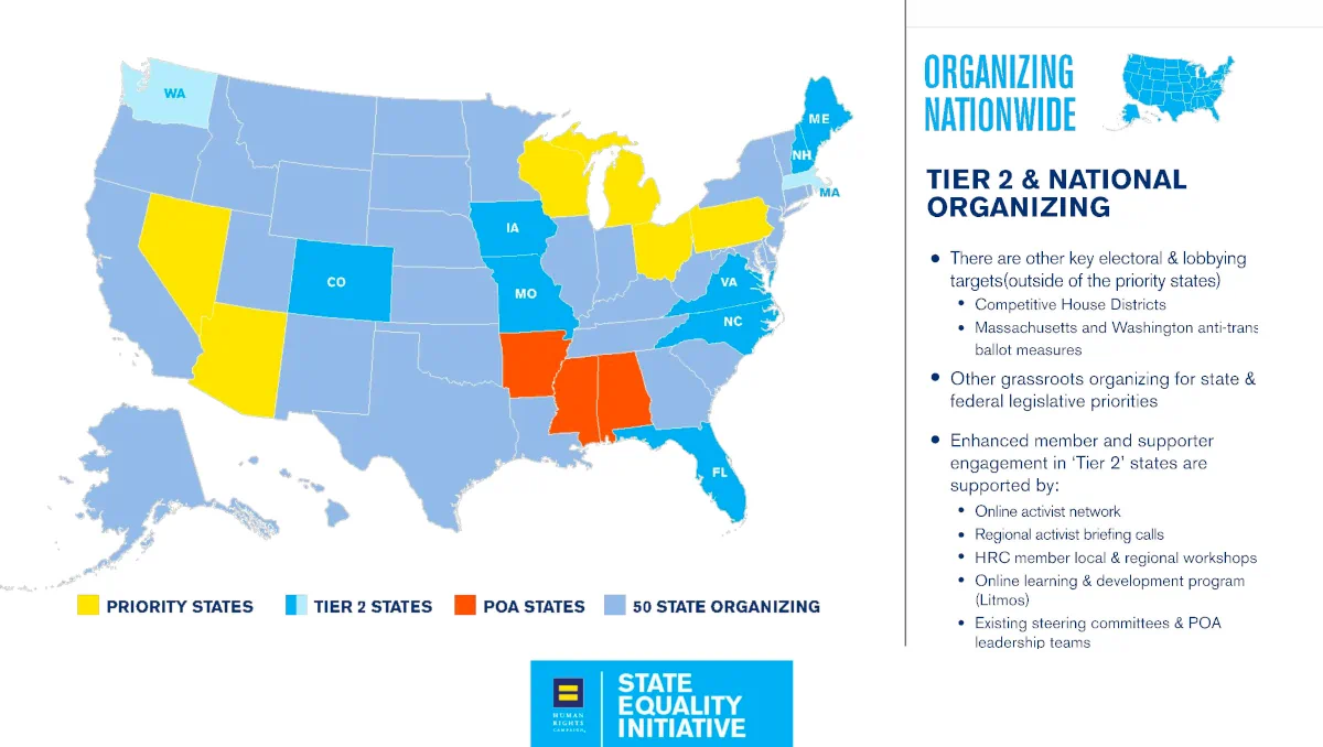 A slide from a presentation for Human Rights Campaign's State Equality Initiative on "Organizing Nationwide" with a map of the United States.