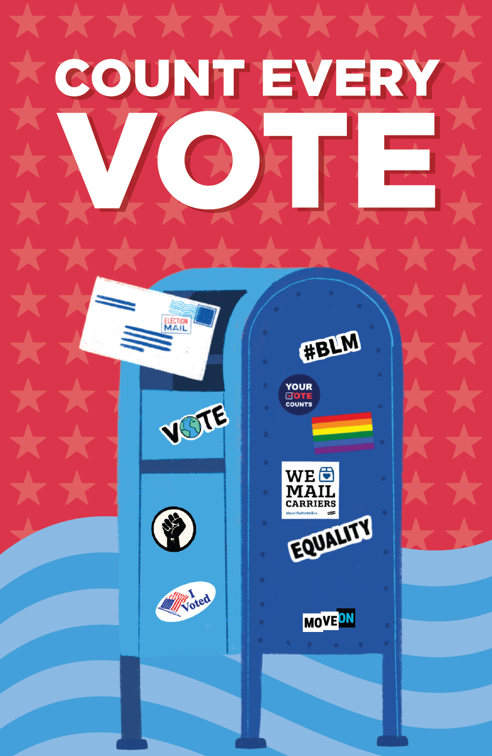 A graphic that says "Count Every Vote" above a drawing of a mail drop-box.