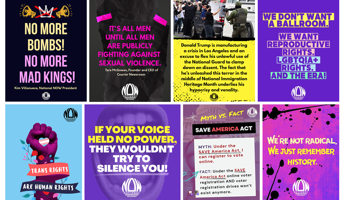 A collage of social media graphics for the National Organization of Women