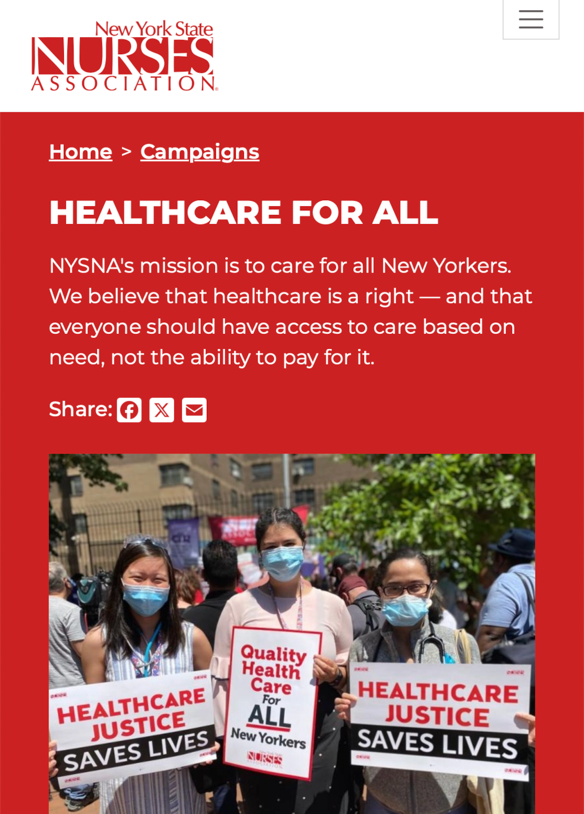 A screenshot of the NYSNA Healthcare for All webpage.