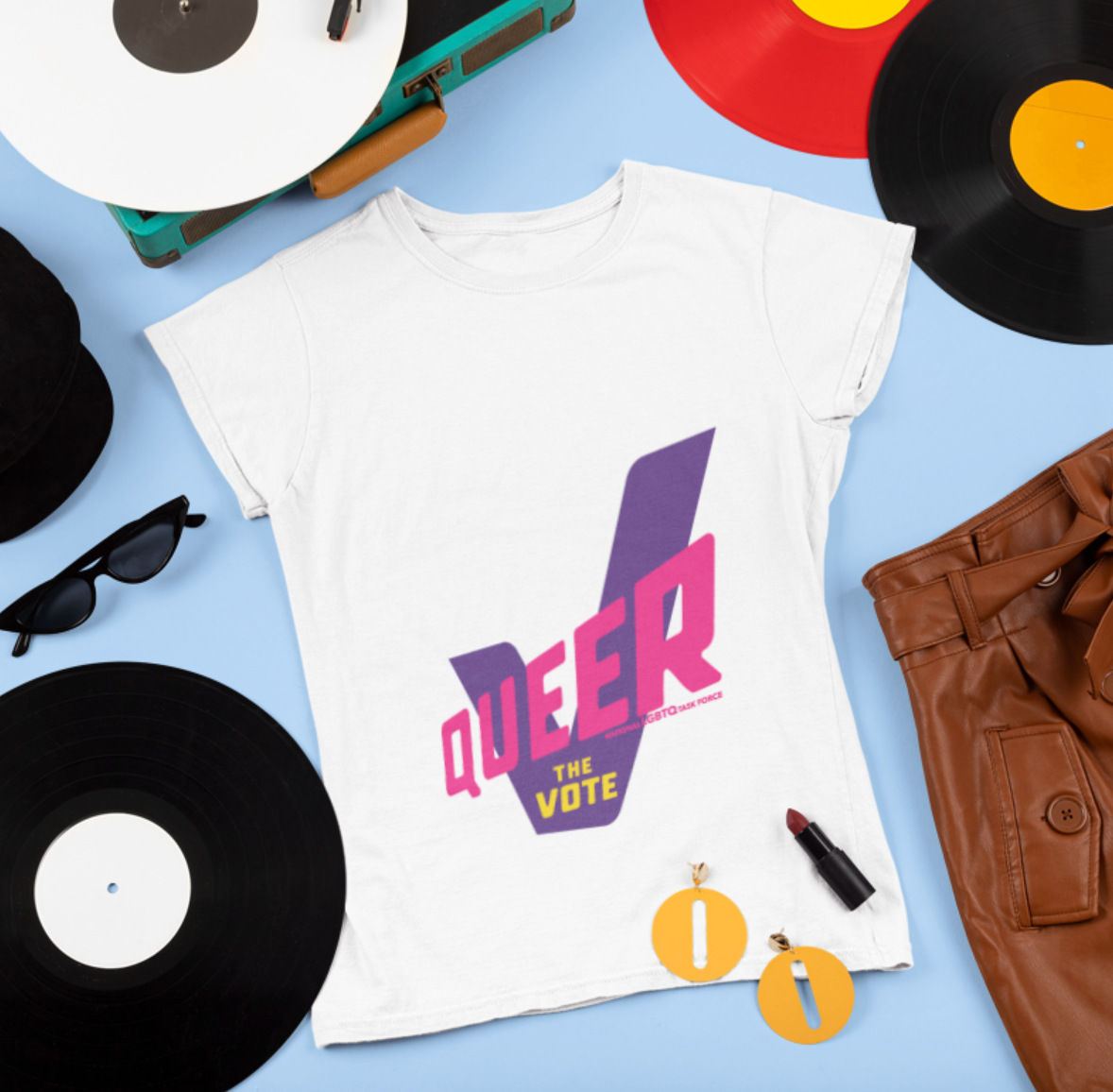 A t-shirt with the Queer the Vote logo.