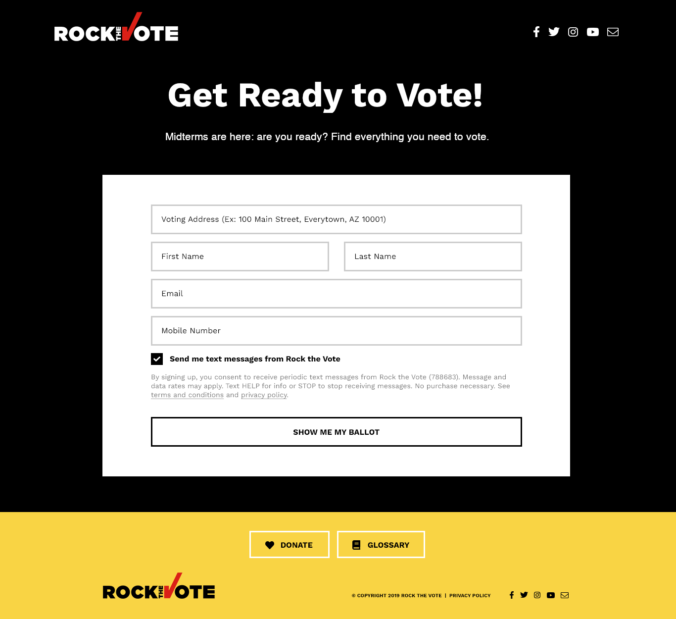 A screenshot of the Rock the Vote homepage